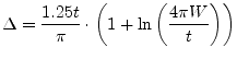 $\displaystyle \Delta = \dfrac{1.25t}{\pi}\cdot\left(1 + \ln\left(\dfrac{4 \pi W}{t}\right)\right)$